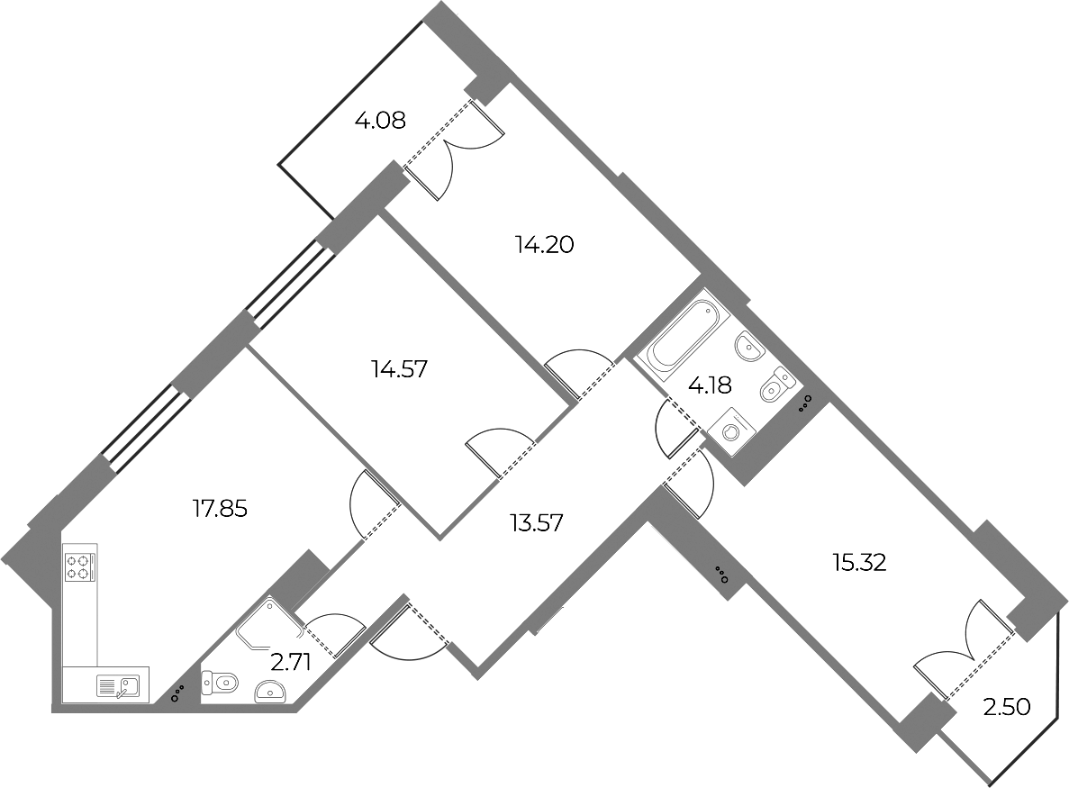 3-комнатная квартира 84.37 м², 5/18 эт., ЖК «Огни Залива»